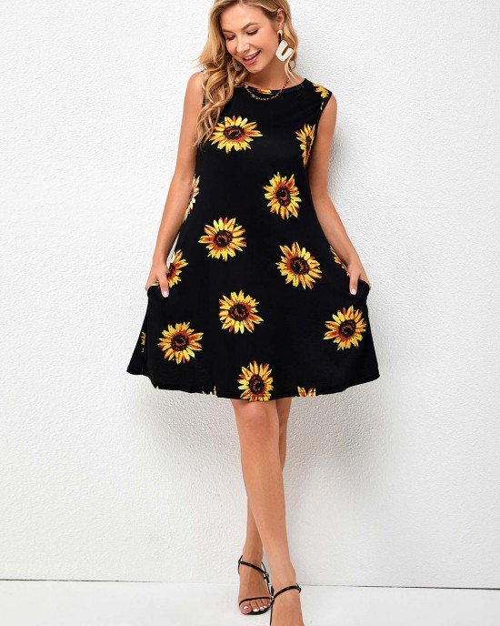 Printed Round Neck A Line Dress