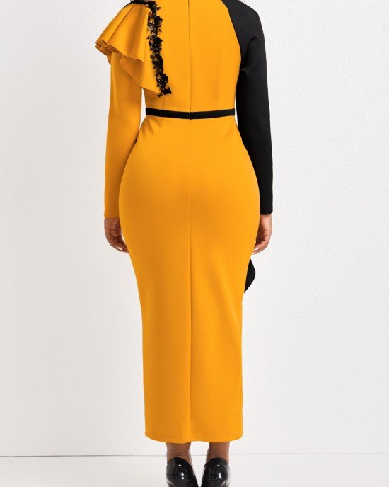 Contrast Color Ruffle Yellow Bodycon Dress