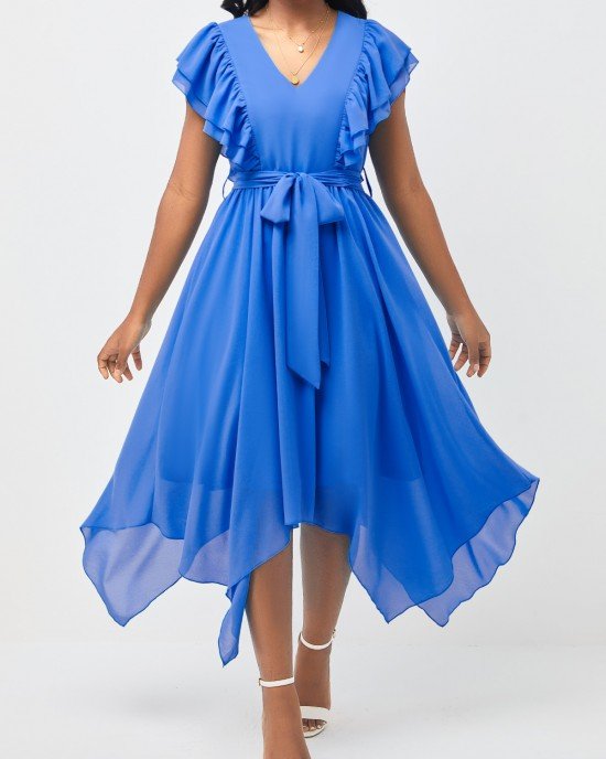 Blue Asymmetric Hem Belted V Neck Dress