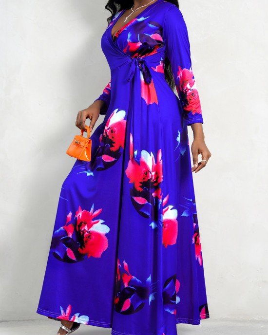 Purplish Blue 3/4 Sleeve Floral Print Dress