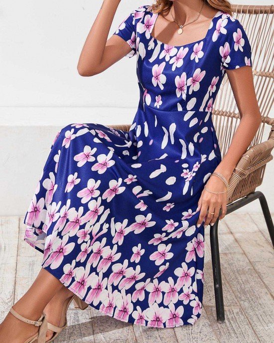 Floral Print Square Collar Navy Blue Dress