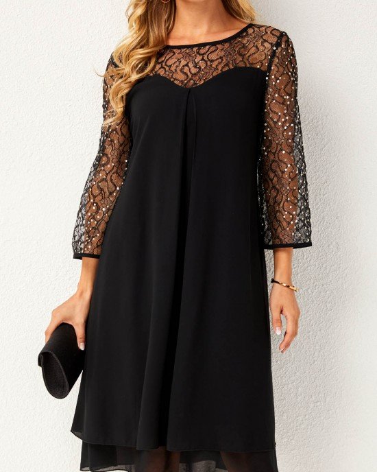 Layered Hem Lace Stitching Round Neck Dress