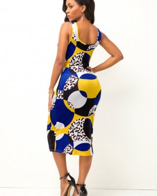 Geometric Print Leopard Wide Strap Dress