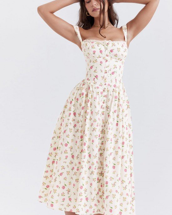 ROSE PRINT MIDI SUNDRESS