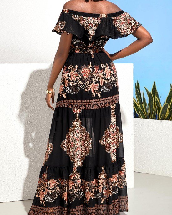 Black Off Shoulder Flounce Tribal Print Maxi Dress