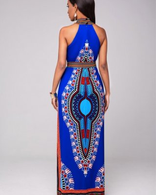 Belted Dashiki Print Bib Neck Maxi Dress