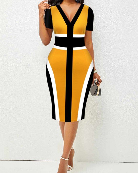 Short Sleeve Ginger Contrast V Neck Dress