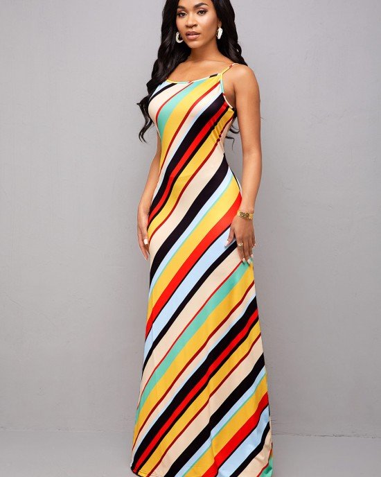 Rainbow Stripe Spaghetti Strap Maxi Dress