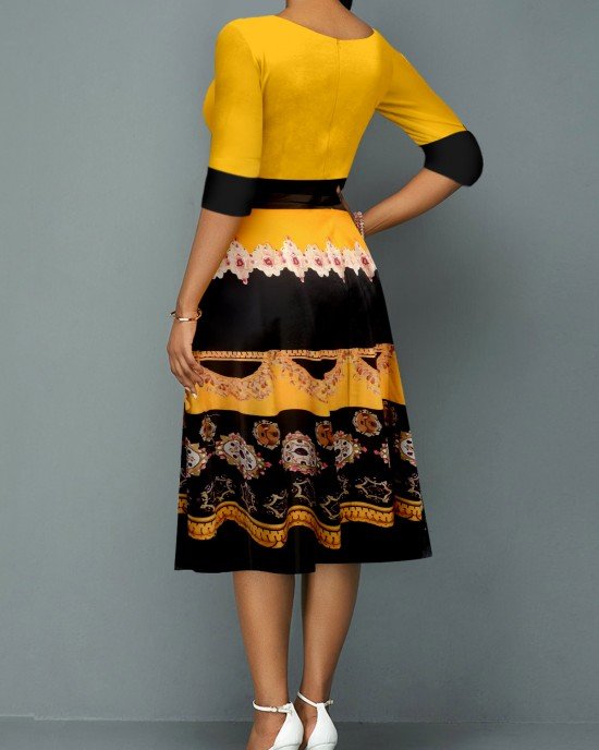 Tribal Print Yellow 3/4 Sleeve Round Neck Dress