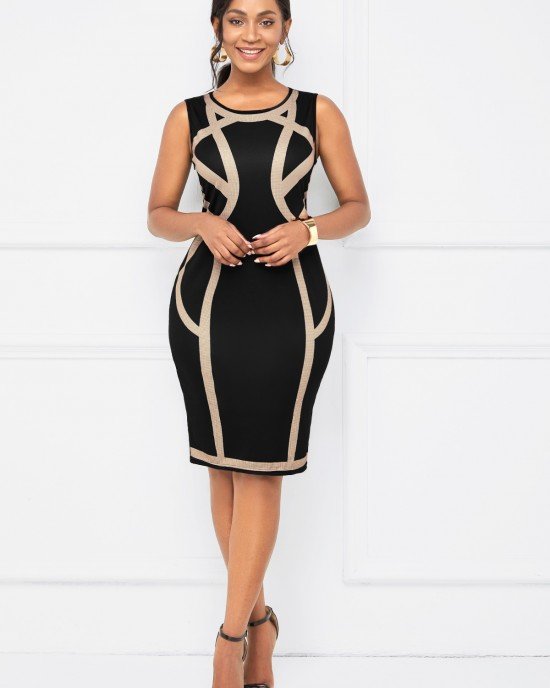 Round Neck Contrast Sleeveless Bodycon Dress