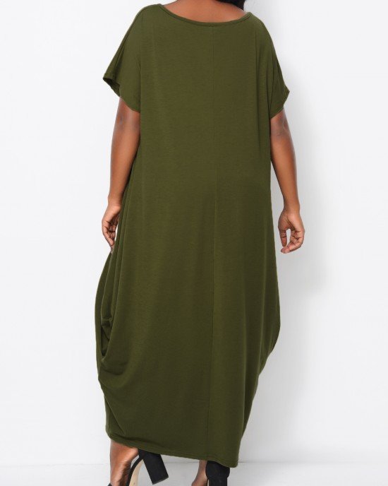 Round Neck Short Sleeve Green Maxi Dress