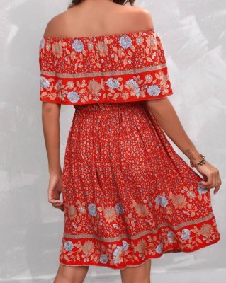 Bohemian Print Orange Red Off Shoulder Dress