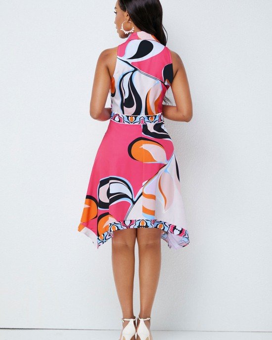 Printed Asymmetric Hem Turndown Collar Dress