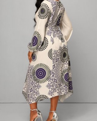 Tribal Print Handkerchief Hem Belted Beige Dress