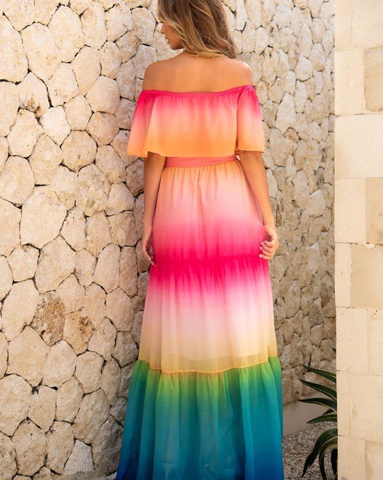 Flounce Rainbow Color Off Shoulder Maxi Dress