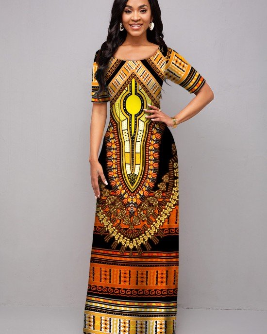 Short Sleeve Tribal Print Round Neck Dress