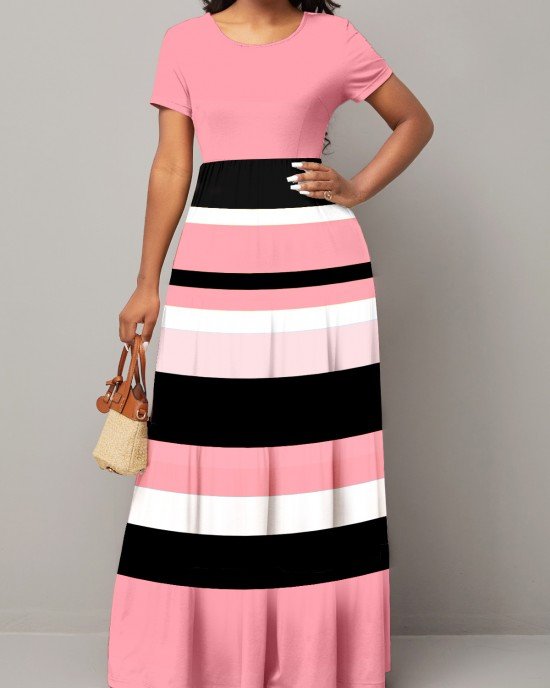 Short Sleeve Round Neck Rainbow Stripe Dress