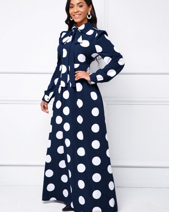 Long Sleeve Turndown Collar Polka Dot Dress