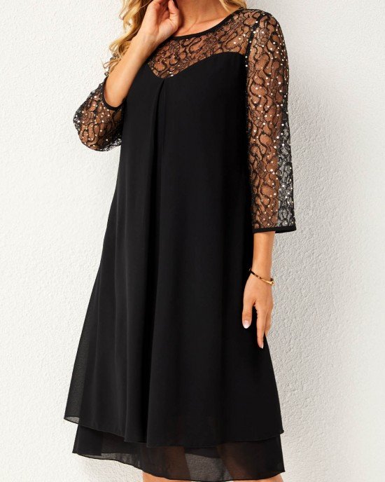 Layered Hem Lace Stitching Round Neck Dress