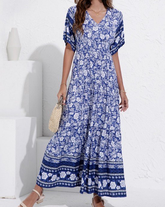 Navy Blue Floral Print V Neck Dress