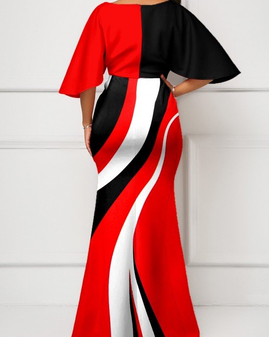 Geometric Print Red V Neck Maxi Dress