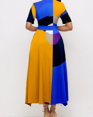 Belted Geometric Print Color Block Dress