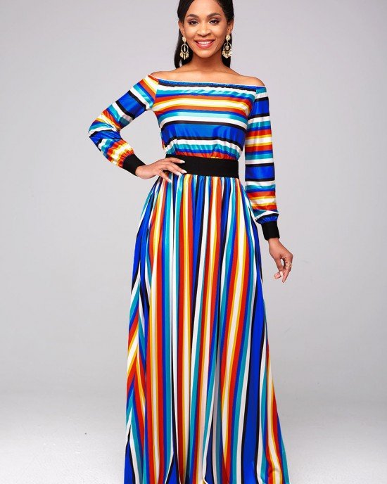 Off Shoulder Top and Rainbow Color Striped Skirt