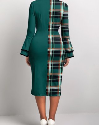 Plaid Patchwork Green Round Neck Bodycon Dress