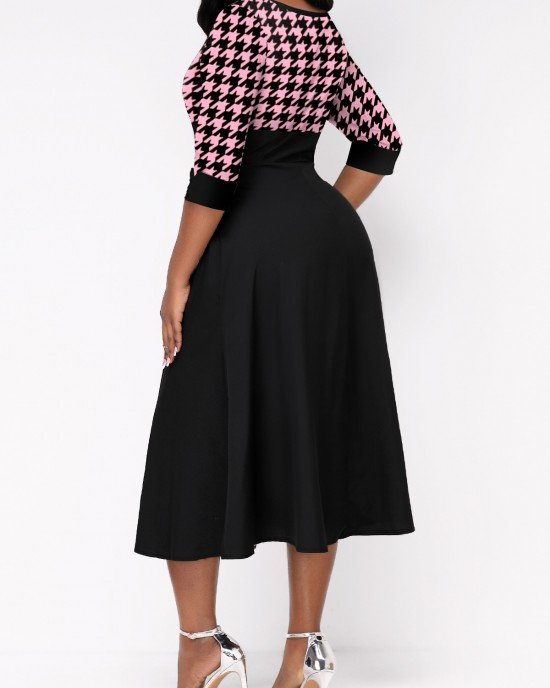 Faux Two Piece Houndstooth Print Pink Dress