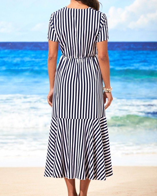 Single Breasted Stripe Print Color Block Dress