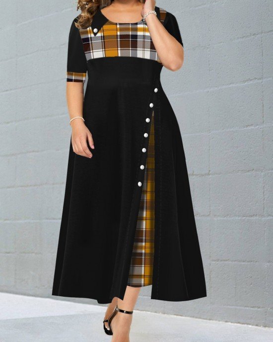 Decorative Button Ginger Plaid Round neck Dress