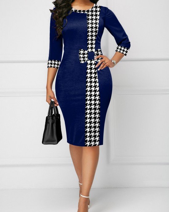 Houndstooth Print Bowknot Bodycon Dress