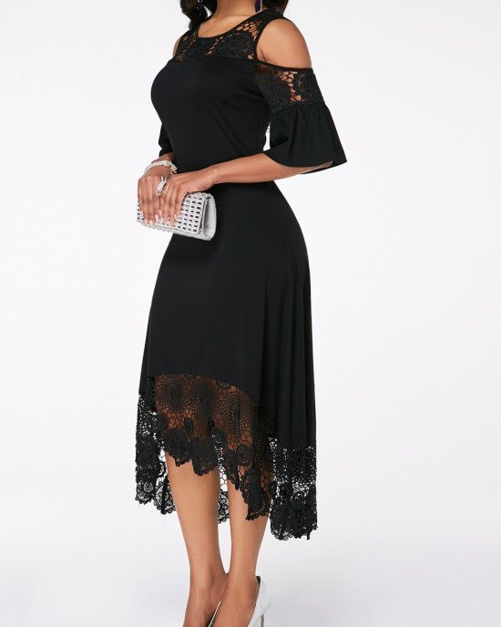 Flare Sleeve Cold Shoulder Lace Detail Dress