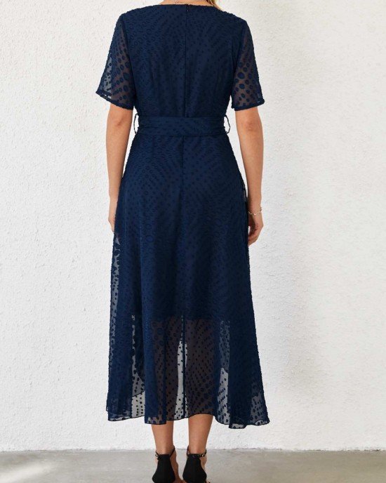 Chiffon Cut Flowers Belted Navy Blue Dress