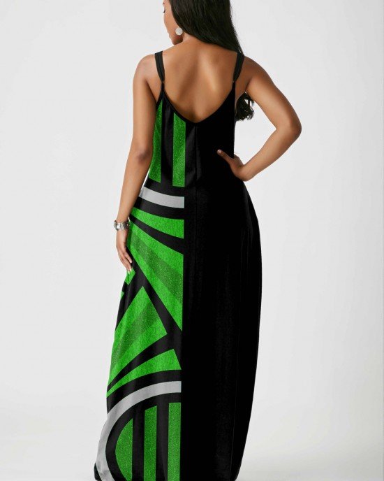 Spaghetti Strap Geometric Print Side Pocket Maxi Dress