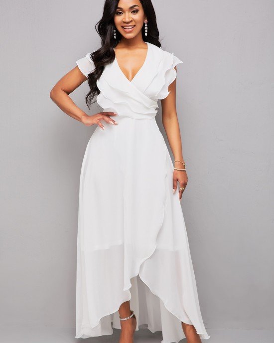 Flounce Asymmetric Hem V Neck Maxi Dress