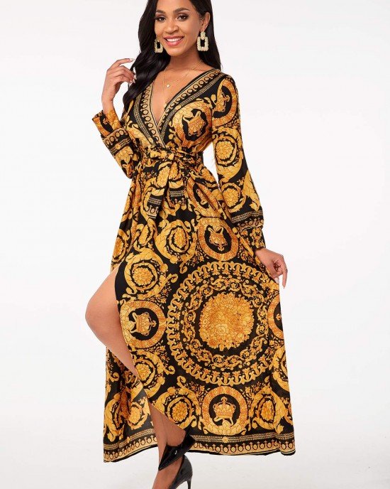 Belted Bohemian Print V Neck Dress