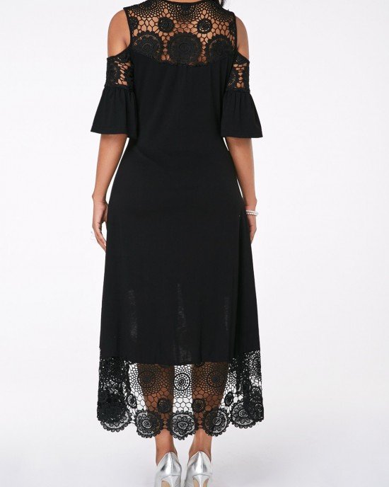 Flare Sleeve Cold Shoulder Lace Detail Dress