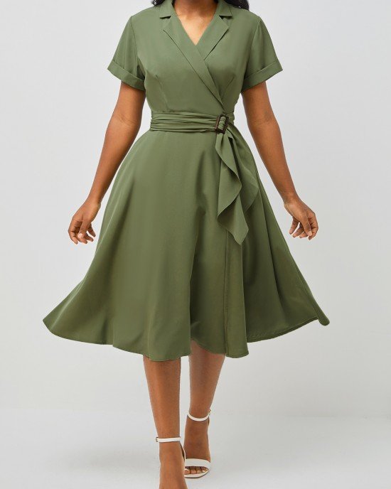 Notch Collar Short Sleeve Army Green Dress