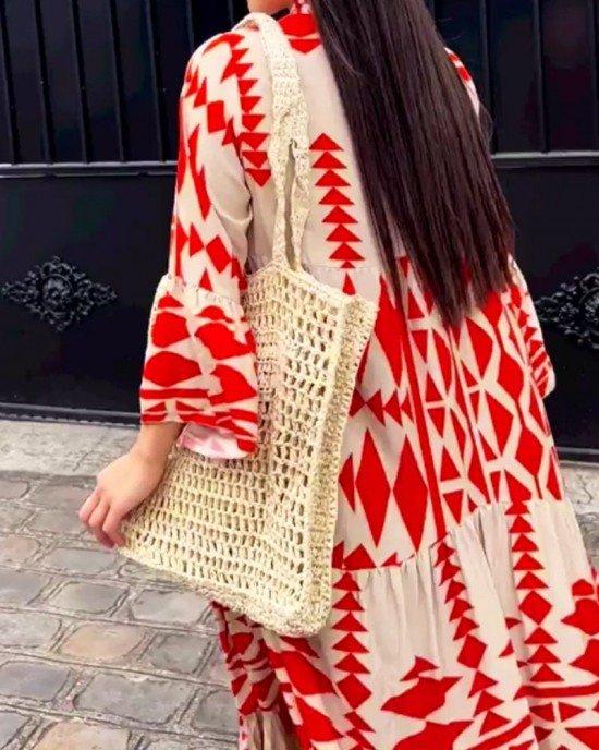 Fashion Casual V-Neck Long Sleeve Print Dress