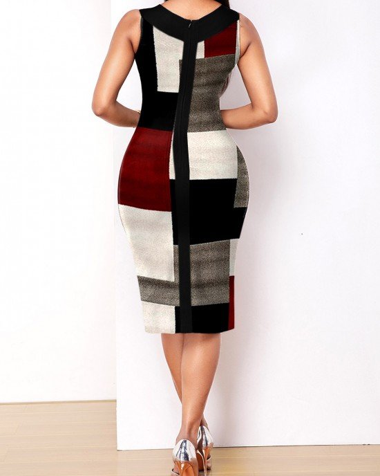 V Neck Geometric Print Sleeveless Dress