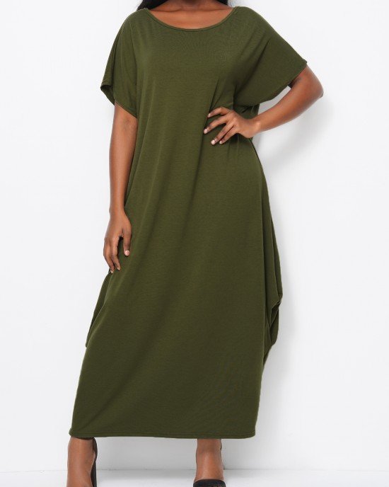 Round Neck Short Sleeve Green Maxi Dress