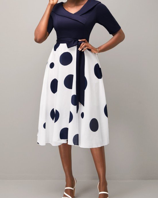 Belted Navy Blue Polka Dot Cross Front Dress