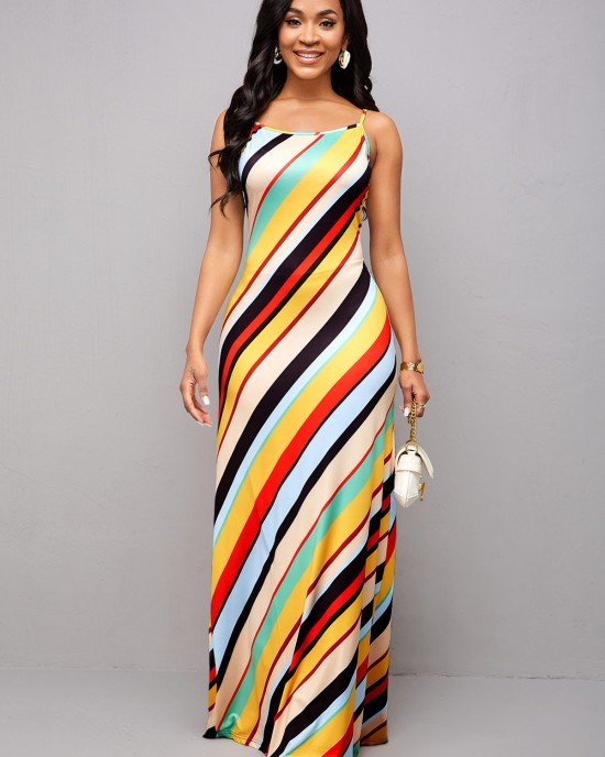 Rainbow Stripe Spaghetti Strap Maxi Dress