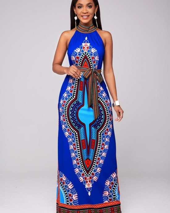 Belted Dashiki Print Bib Neck Maxi Dress