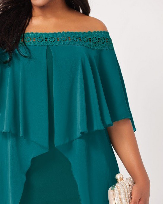 Off Shoulder Lace Stitching Flounce Turquoise Dress