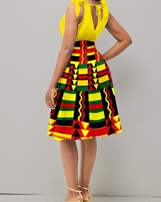 Tribal Print Sleeveless Yellow V Neck Dress