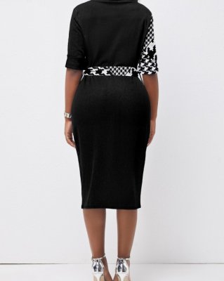 Houndstooth Print Button Belted Black Bodycon Dress