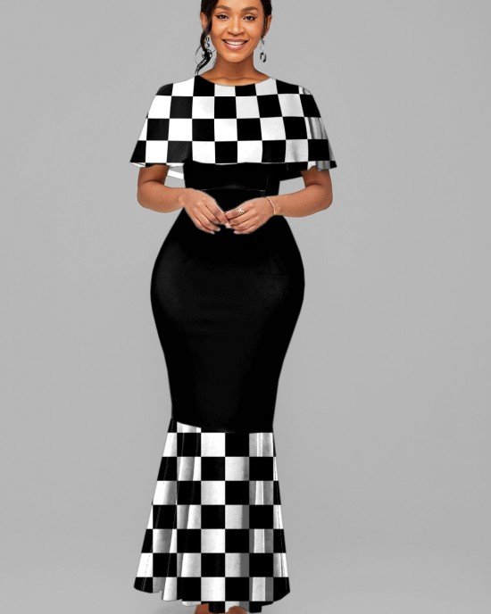 Short Sleeve Round Neck Checkerboard Pattern Mermaid Dress