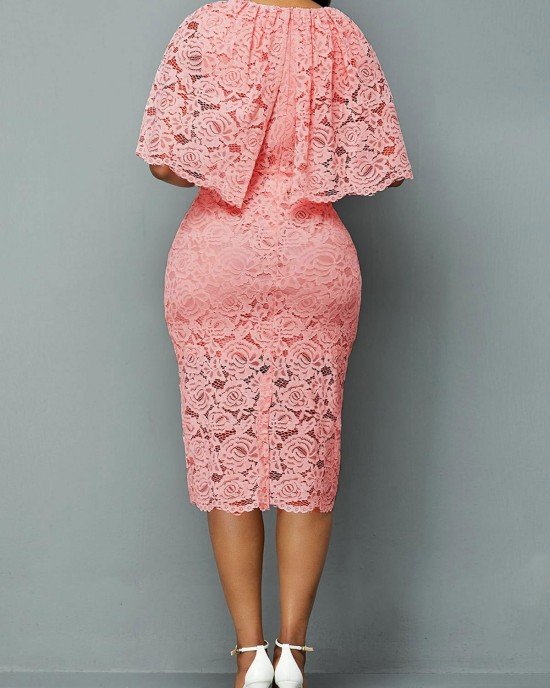 Light Pink Half Sleeve Overlay Embellished Lace Dress